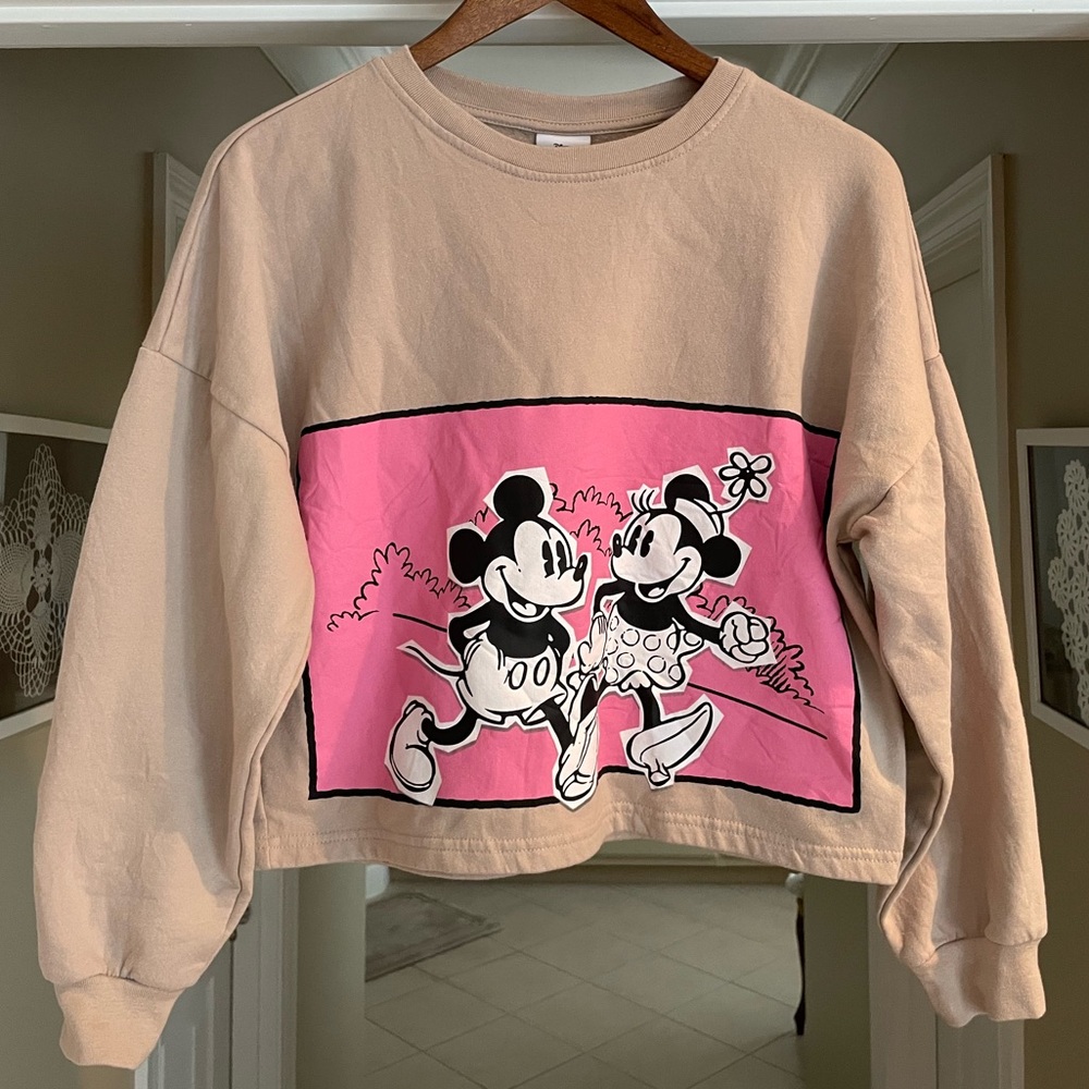 Disney Graphic Crop Sweatshirt Minnie & Micky Mouse Tan/Pink Small - Picture 3 of 7